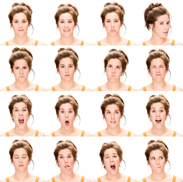 Long hair brunette young caucasian woman collection set of face expression like happy, sad, angry, surprise, yawn isolated on white — Stock fotografie