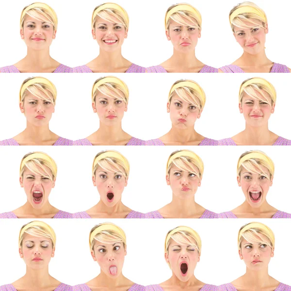 Blonde vintage hawaii 70s young caucasian woman collection set of face expression like happy, sad, angry, surprise, yawn isolated on white — Stock fotografie