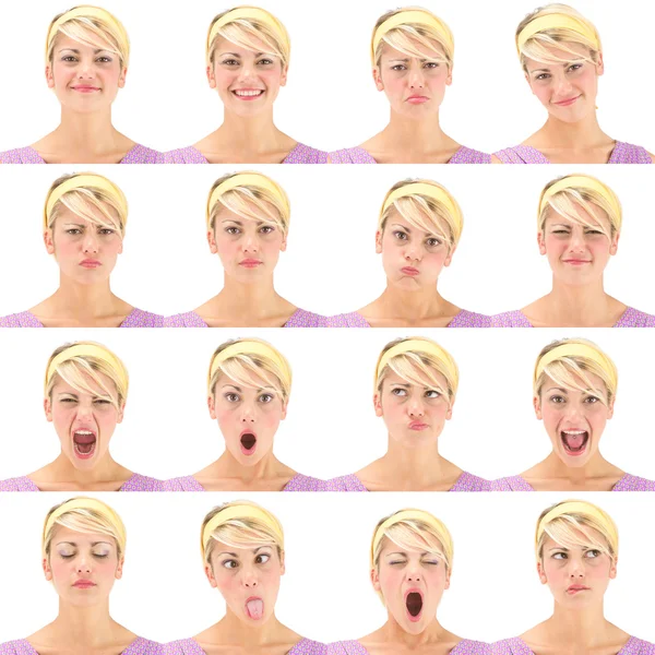 Blonde vintage hawaii 70s young caucasian woman collection set of face expression like happy, sad, angry, surprise, yawn isolated on white — 스톡 사진