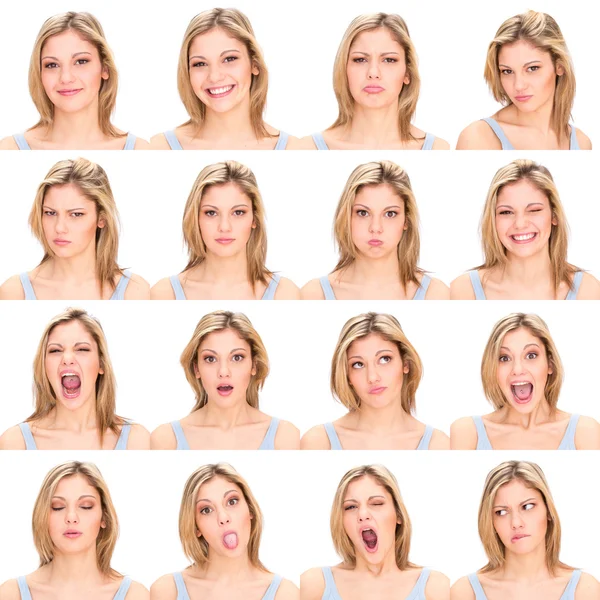 Long hair blonde young casual caucasian woman collection set of face expression like happy, sad, angry, surprise, yawn isolated on white — Stockfoto