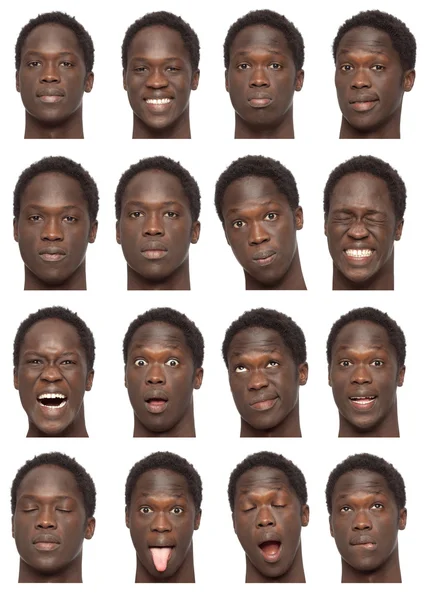 Black brunette short curly hair young african man collection set of face expression like happy, sad, angry, surprise, yawn isolated on white — Stock fotografie