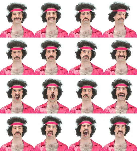 Curly long hair and mustache vintage 70s caucasian dancer man collection set of face expression like happy, sad, angry, surprise, yawn isolated on white — Stockfoto