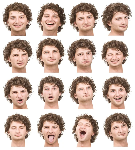 Curly blonde caucasian young man collection set of face expression like happy, sad, angry, surprise, yawn isolated on white — ストック写真