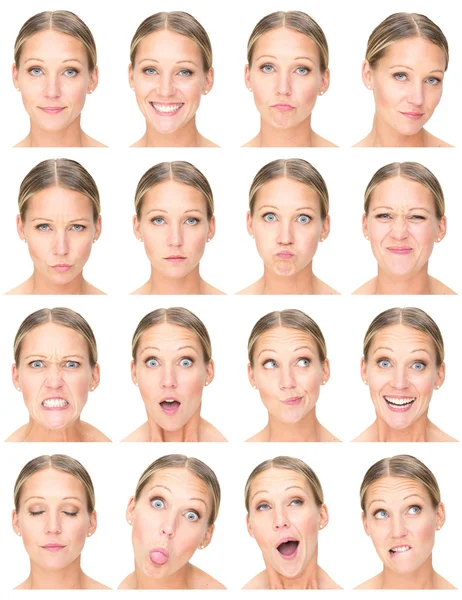 Blonde european adult caucasian woman collection set of face expression like happy, sad, angry, surprise, yawn isolated on white — Stok fotoğraf