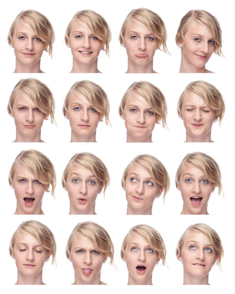 Blonde european young caucasian woman collection set of face expression like happy, sad, angry, surprise, yawn isolated on white — ストック写真