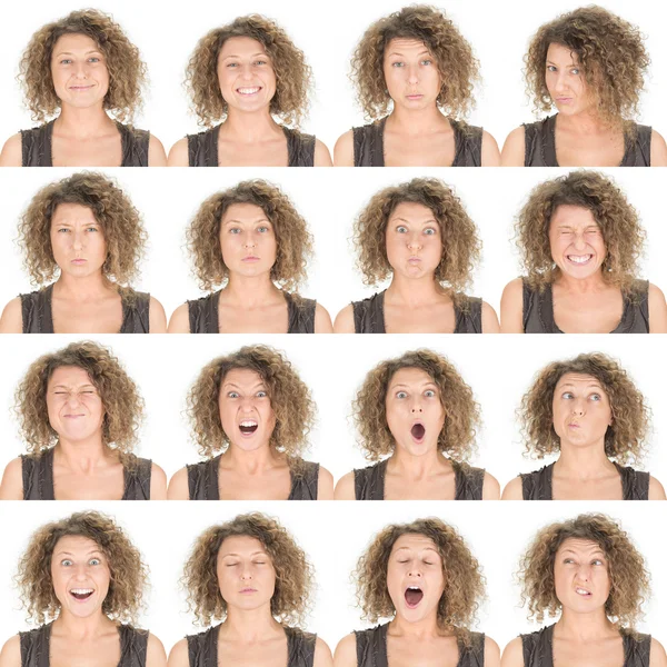 Curly brunette young caucasian woman collection set of face expression like happy, sad, angry, surprise, yawn isolated on white — Stok fotoğraf