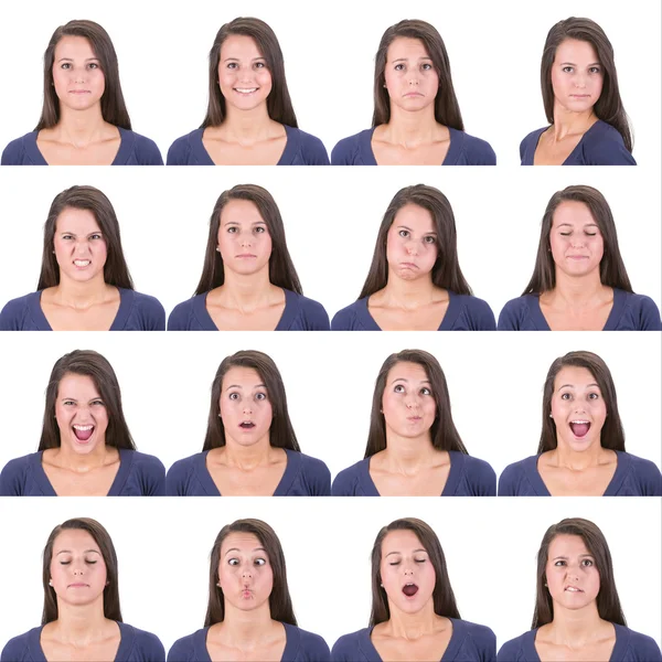 Long hair brunette young casual caucasian woman collection set of face expression like happy, sad, angry, surprise, yawn isolated on white — 스톡 사진