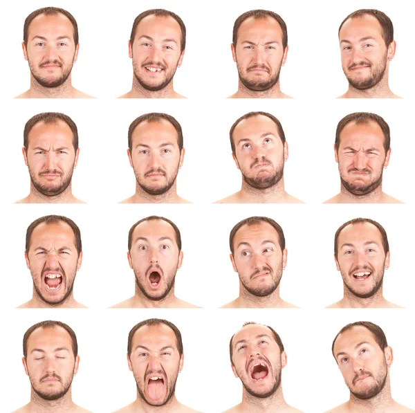 Bald and beard young caucasian man collection set of face expression like happy, sad, angry, surprise, yawn isolated on white — Stock Photo, Image