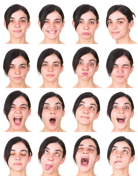 Black hair adult caucasian woman collection set of face expression like happy, sad, angry, surprise, yawn isolated on white — ストック写真