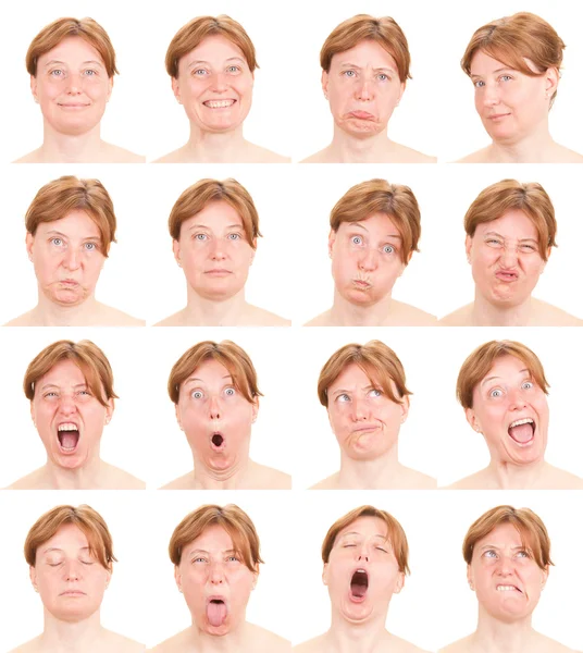 Red head adult caucasian woman collection set of face expression like happy, sad, angry, surprise, yawn isolated on white — Stock Fotó