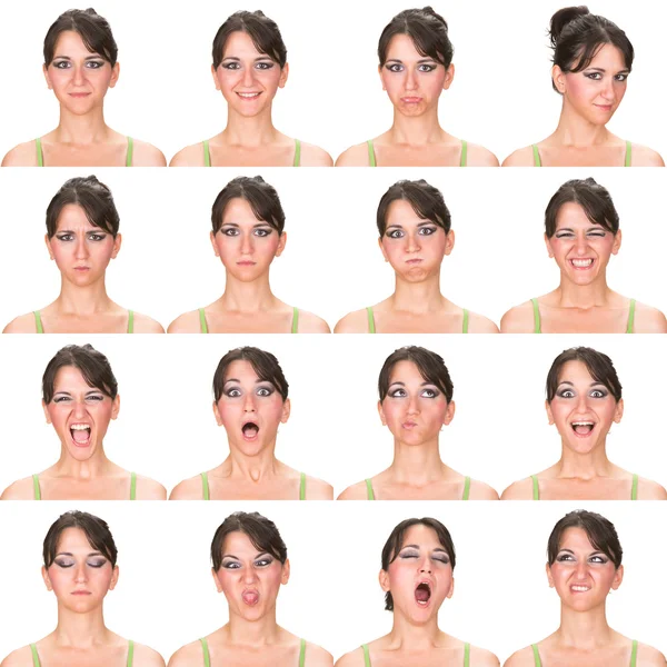 Black hair adult caucasian woman collection set of face expression like happy, sad, angry, surprise, yawn isolated on white — Stock Fotó