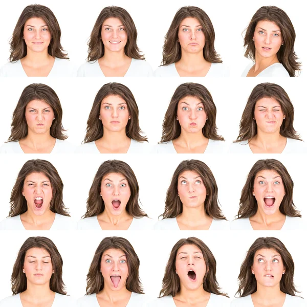 Capelli lunghi bruna giovane casuale caucasico donna collezione set di espressione del viso come felice, triste, arrabbiato, sorpresa, sbadigliare isolato su bianco — Foto Stock