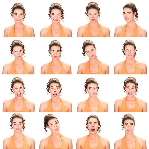 Long and brown hair red lips young caucasian woman collection set of face expression like happy, sad, angry, surprise, yawn isolated on white — ストック写真