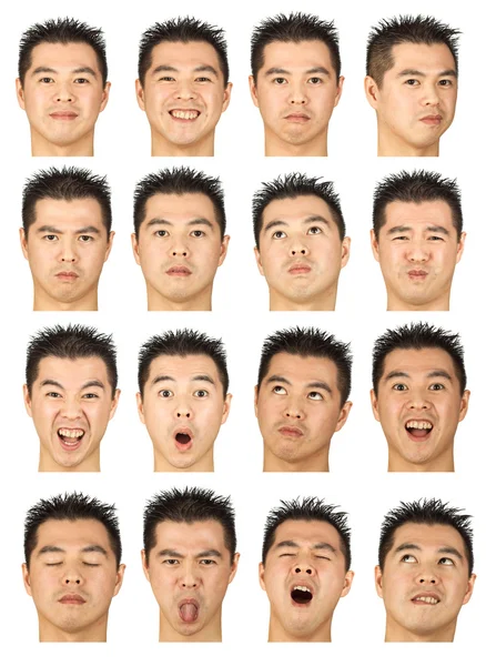Negro pelo joven asiático hombre colección conjunto de cara expresión como feliz, triste, enojado, sorpresa, bostezo aislado en blanco — Foto de Stock