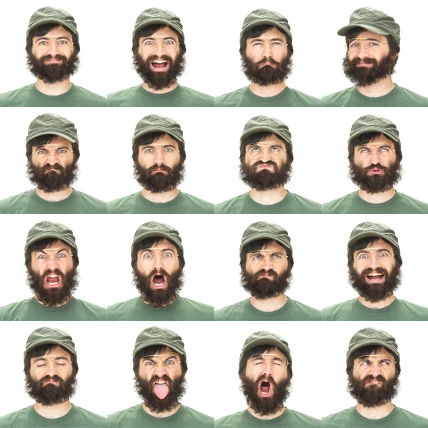 Brünette Bart mit grünem Hut Erwachsenen kaukasischen Mann Sammlung Satz von Gesichtsausdruck wie glücklich, traurig, wütend, Überraschung, Gähnen isoliert auf weiß — Stockfoto