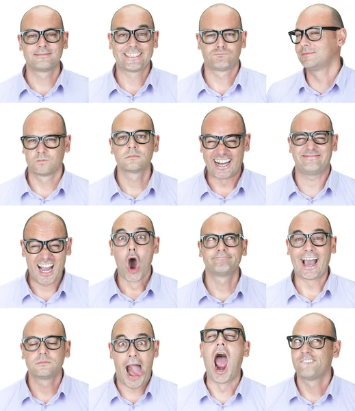 Bald brunette glasses nerd adult caucasian man collection set of face expression like happy, sad, angry, surprise, yawn isolated on white — Stock Photo, Image