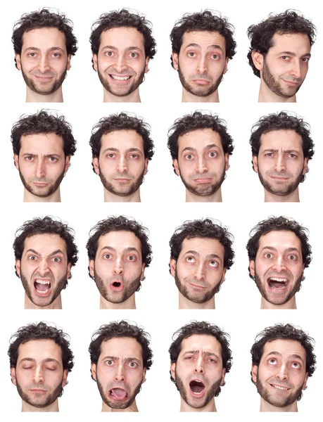 Curly long hair and beard adult caucasian man collection set of face expression like happy, sad, angry, surprise, yawn isolated on white — ストック写真