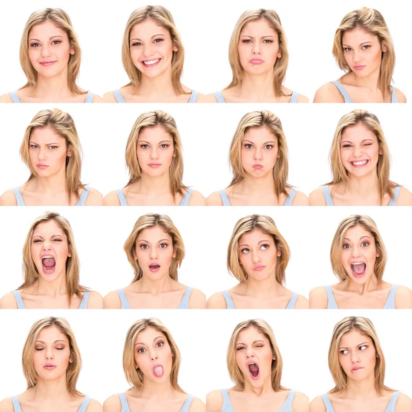 Long hair blonde young casual caucasian woman collection set of face expression like happy, sad, angry, surprise, yawn isolated on white Stockafbeelding