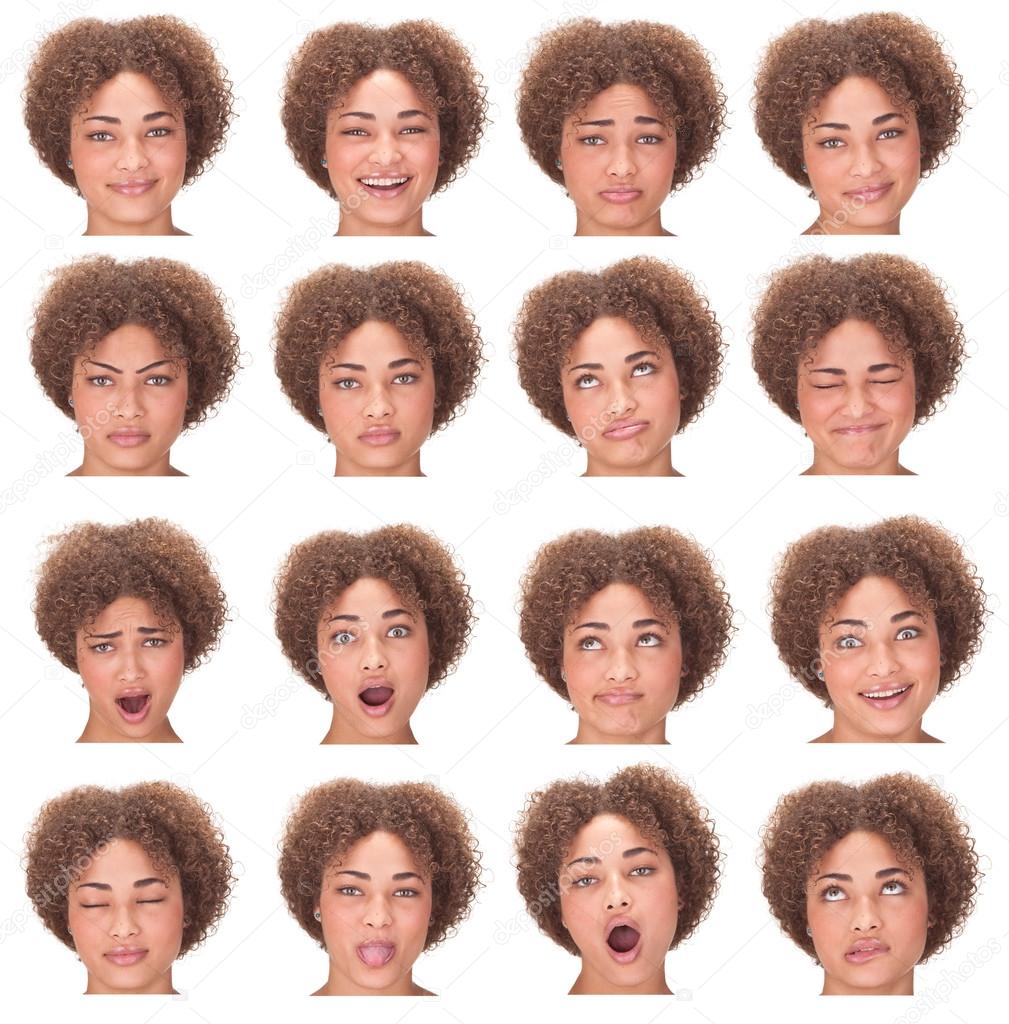 curly long hair young african woman collection set of face expression like happy, sad, angry, surprise, yawn isolated on white