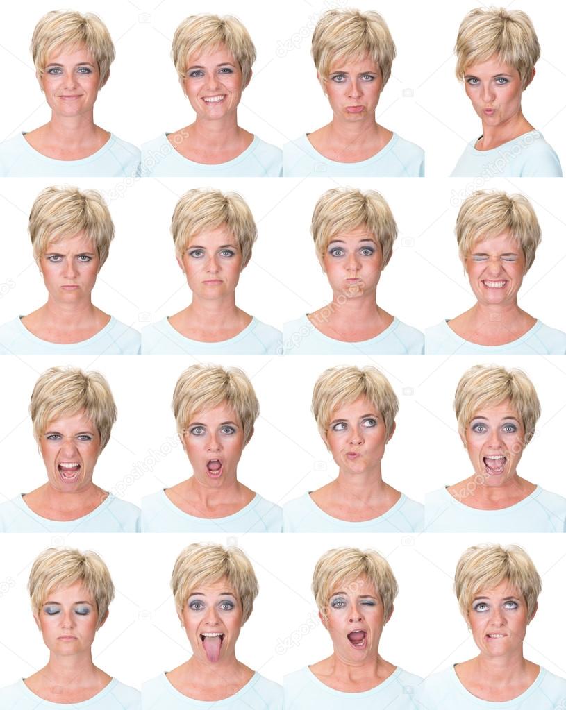 short hair blonde adult casual caucasian woman collection set of face expression like happy, sad, angry, surprise, yawn isolated on white