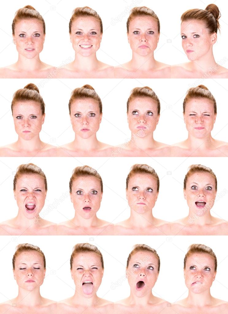 red head young caucasian woman collection set of face expression like happy, sad, angry, surprise, yawn isolated on white