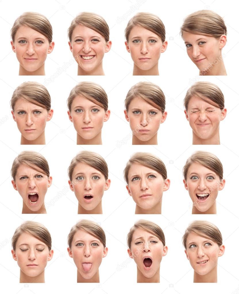 blonde young caucasian woman collection set of face expression like happy, sad, angry, surprise, yawn isolated on white