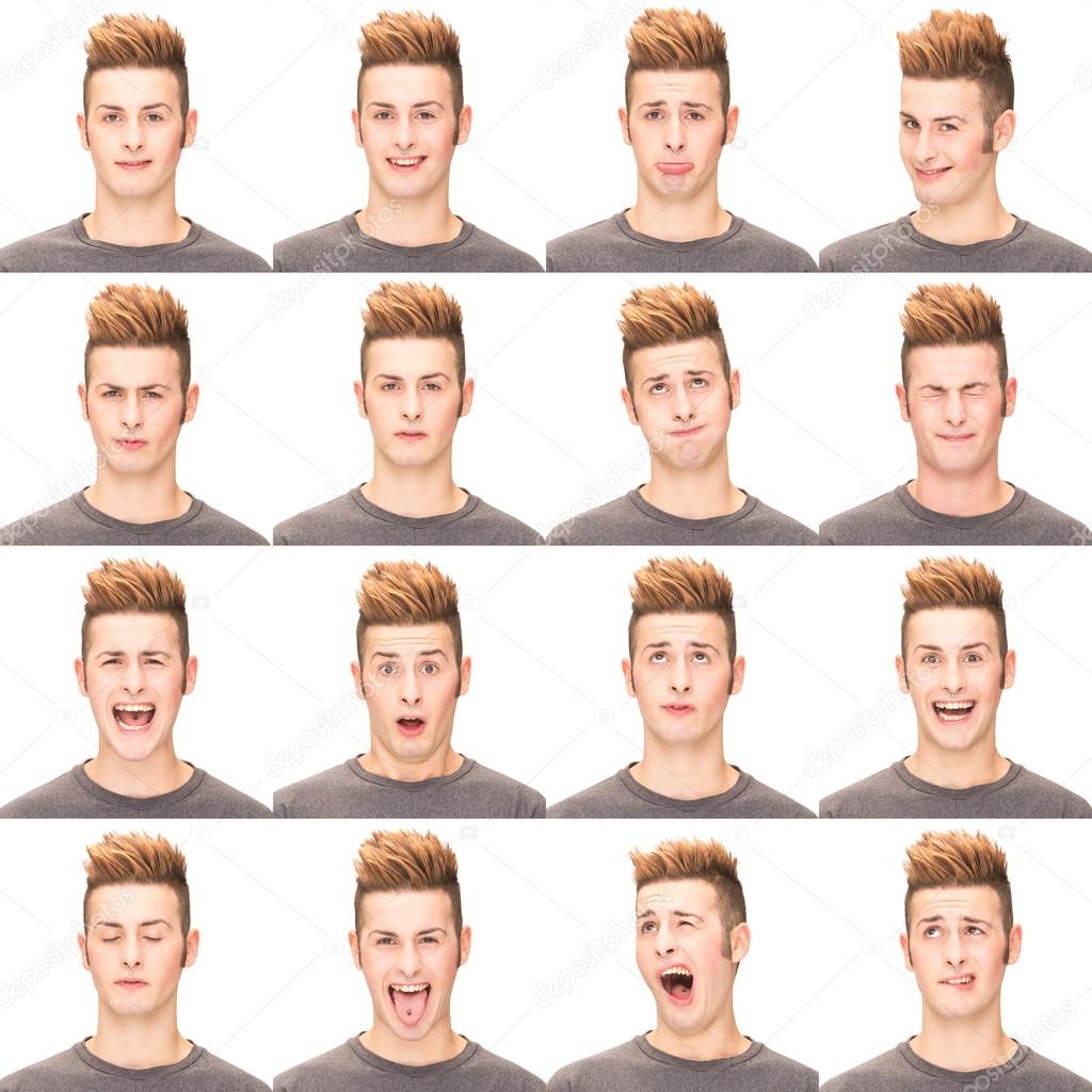 red head casual young caucasian man collection set of face expression like happy, sad, angry, surprise, yawn isolated on white