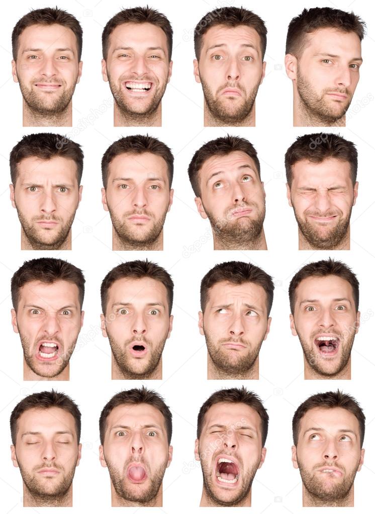 short hair brunette adult caucasian man collection set of face expression like happy, sad, angry, surprise, yawn isolated on white