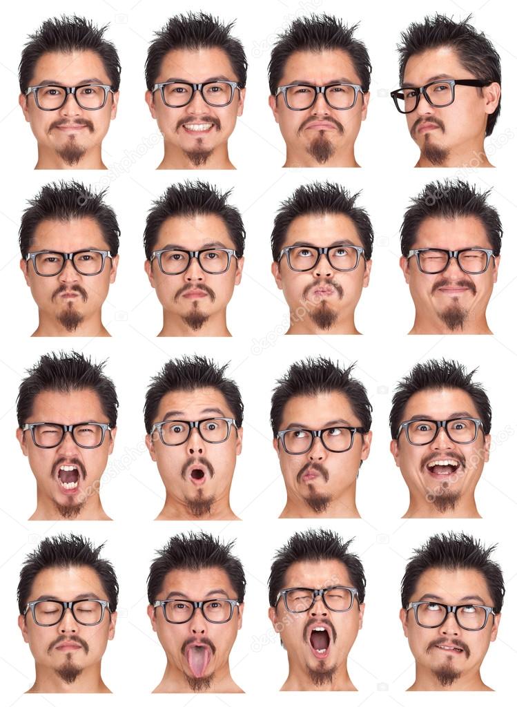 nerd glasses black and beard young asian man collection set of face expression like happy, sad, angry, surprise, yawn isolated on white