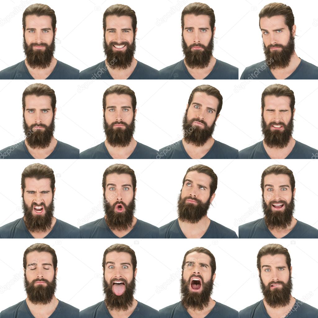 long and black hair beard young caucasian man collection set of face expression like happy, sad, angry, surprise, yawn isolated on white