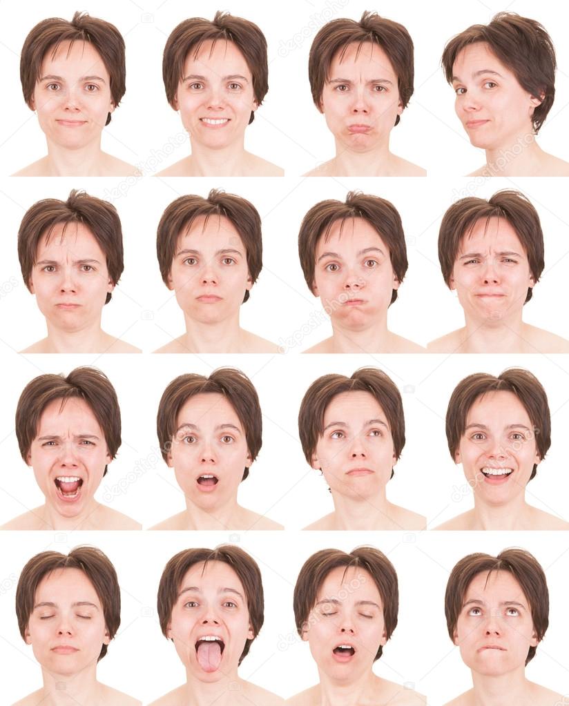 brunette short hair adult caucasian woman collection set of face expression like happy, sad, angry, surprise, yawn isolated on white