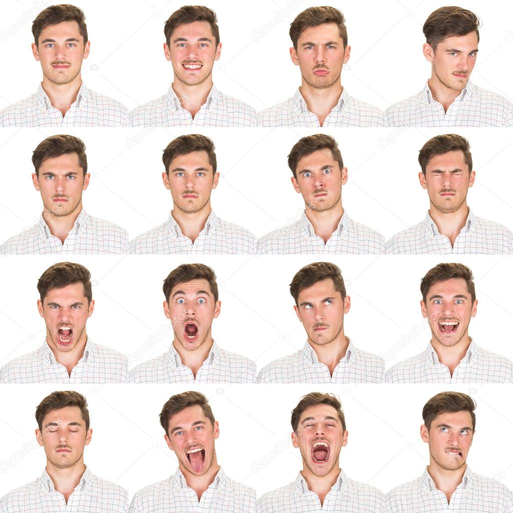 short and black hair mustache young caucasian man collection set of face expression like happy, sad, angry, surprise, yawn isolated on white