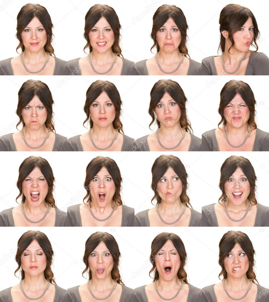 long hair brunette adult casual elegant caucasian woman collection set of face expression like happy, sad, angry, surprise, yawn isolated on white