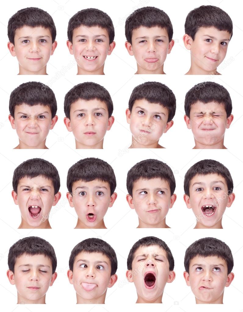 short hair brunette kid caucasian boy collection set of face expression like happy, sad, angry, surprise, yawn isolated on white