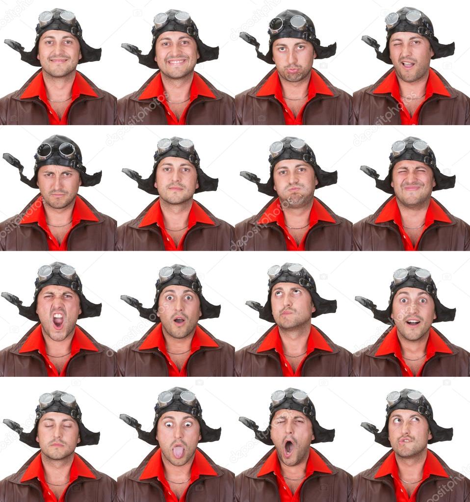 vintage aviator pilot adult caucasian man collection set of face expression like happy, sad, angry, surprise, yawn isolated on white