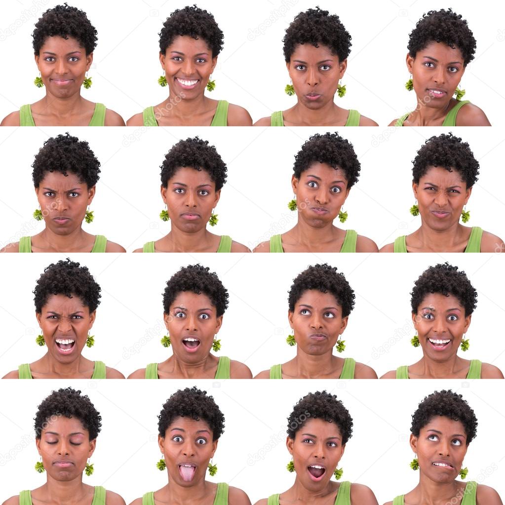 curly short black hair young latina woman collection set of face expression like happy, sad, angry, surprise, yawn isolated on white