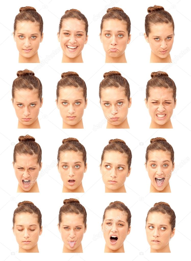 red head young  caucasian woman collection set of face expression like happy, sad, angry, surprise, yawn isolated on white