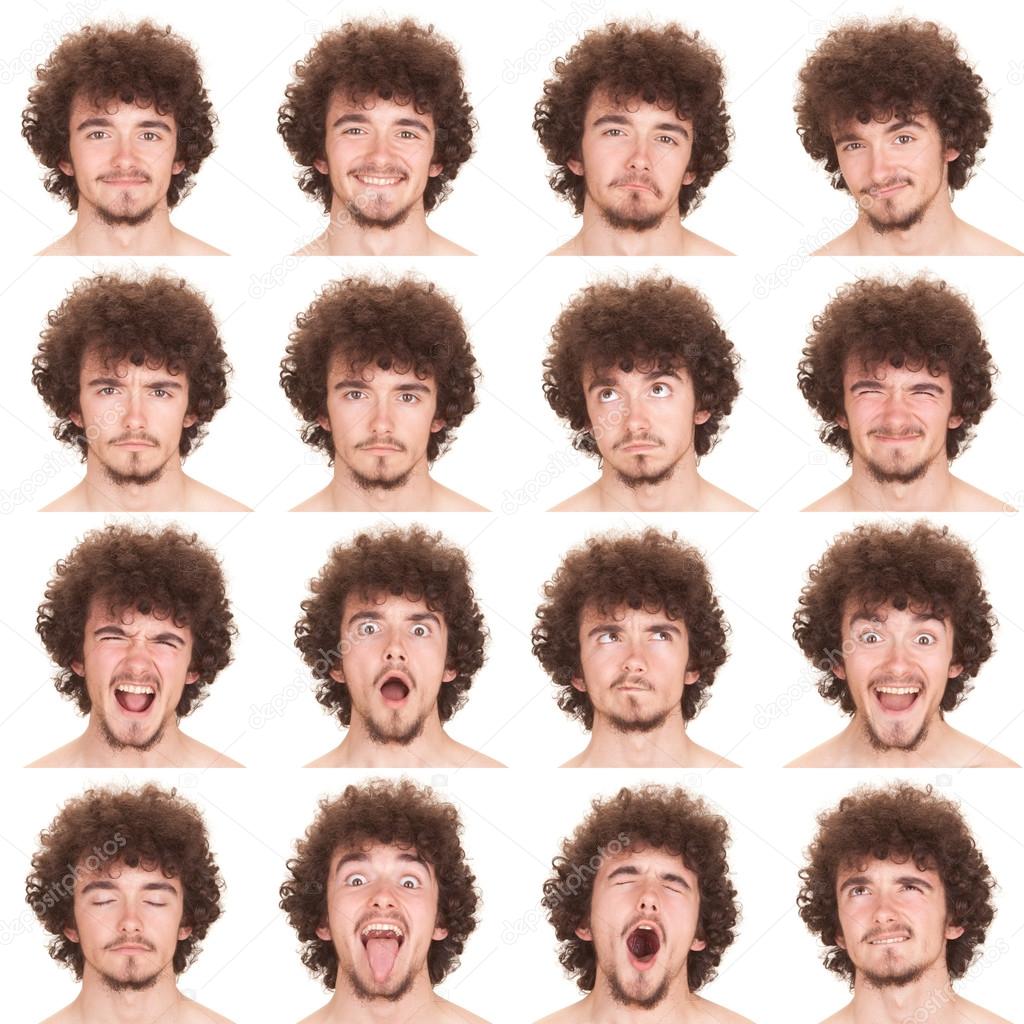 curly long hair and beard young adult caucasian man collection set of face expression like happy, sad, angry, surprise, yawn isolated on white