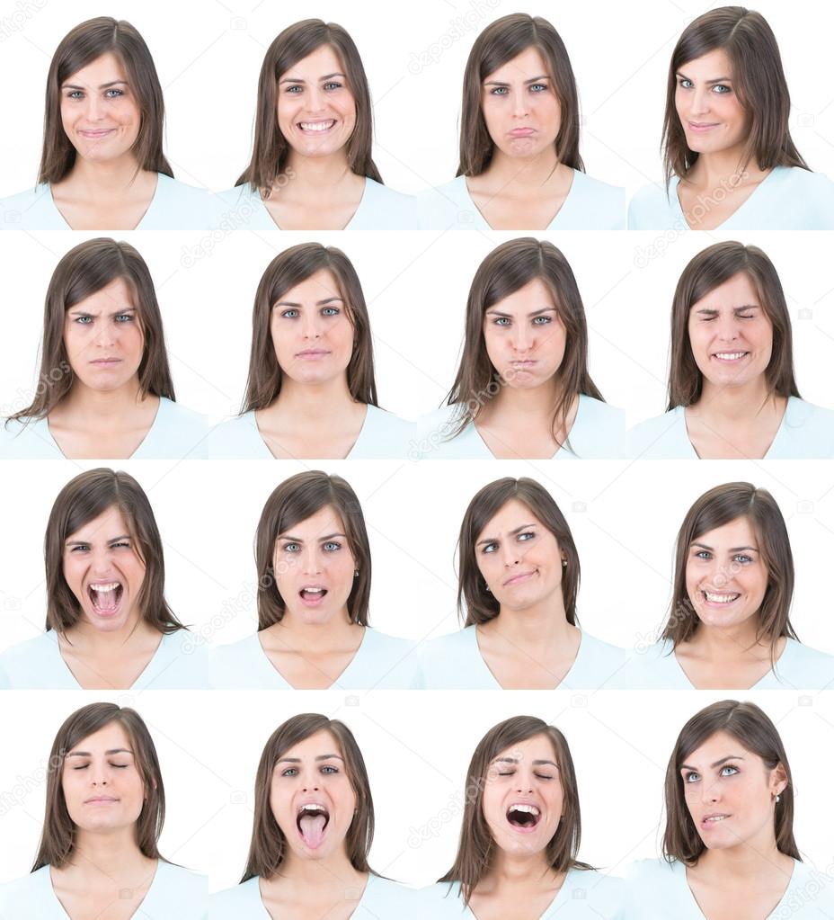 long hair brunette young casual caucasian woman collection set of face expression like happy, sad, angry, surprise, yawn isolated on white