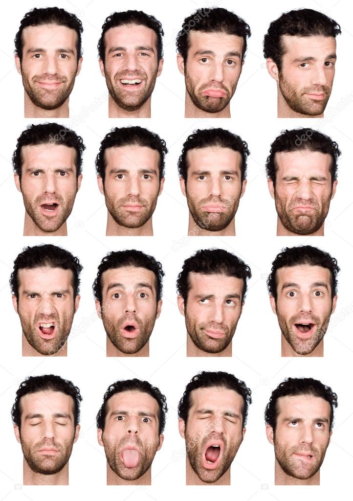 short curly hair brunette adult caucasian man collection set of face expression like happy, sad, angry, surprise, yawn isolated on white