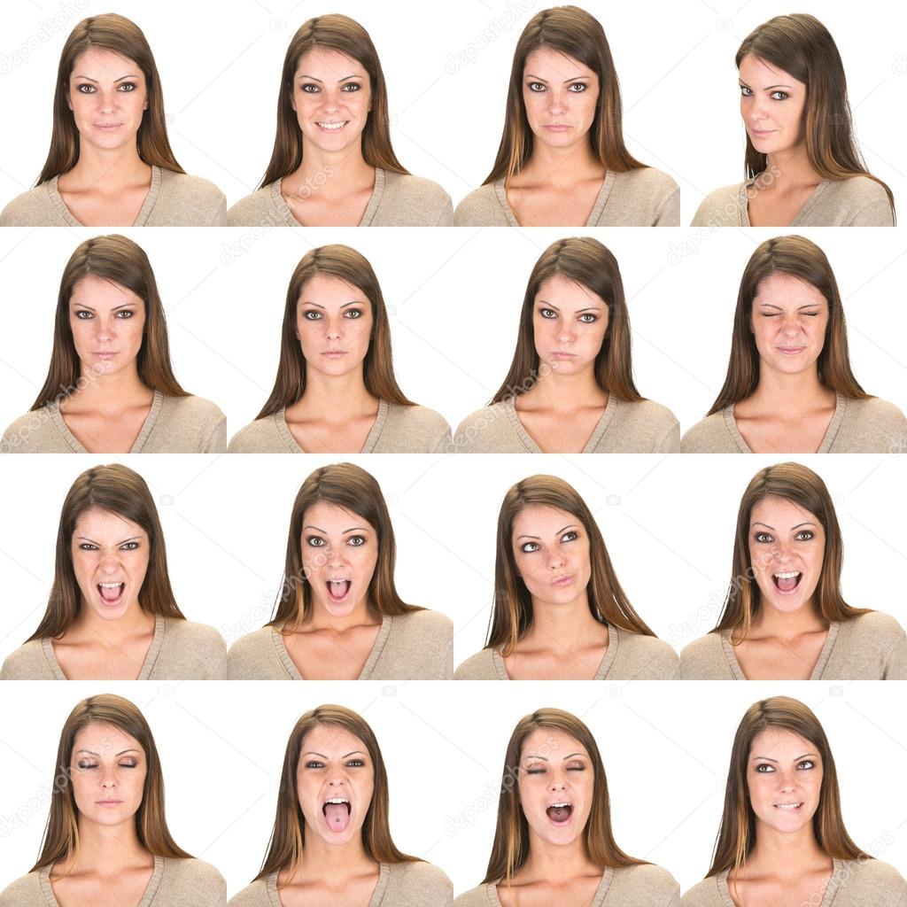 long and straight hair brunette young caucasian woman collection set of face expression like happy, sad, angry, surprise, yawn isolated on white