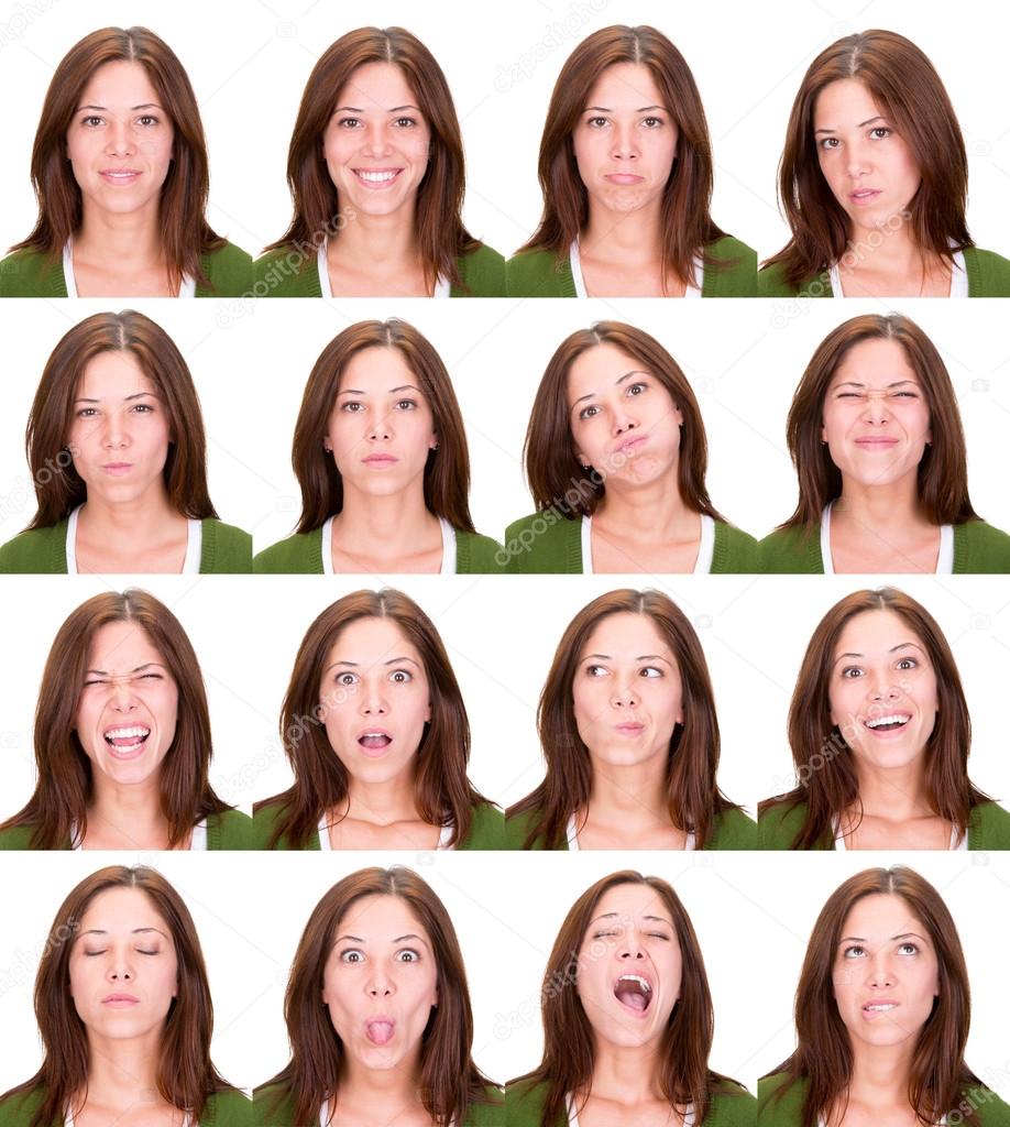 long hair red head young casual caucasian woman collection set of face expression like happy, sad, angry, surprise, yawn isolated on white
