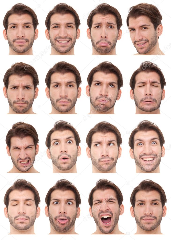 brunette short hair adult caucasian man collection set of face expression like happy, sad, angry, surprise, yawn isolated on white