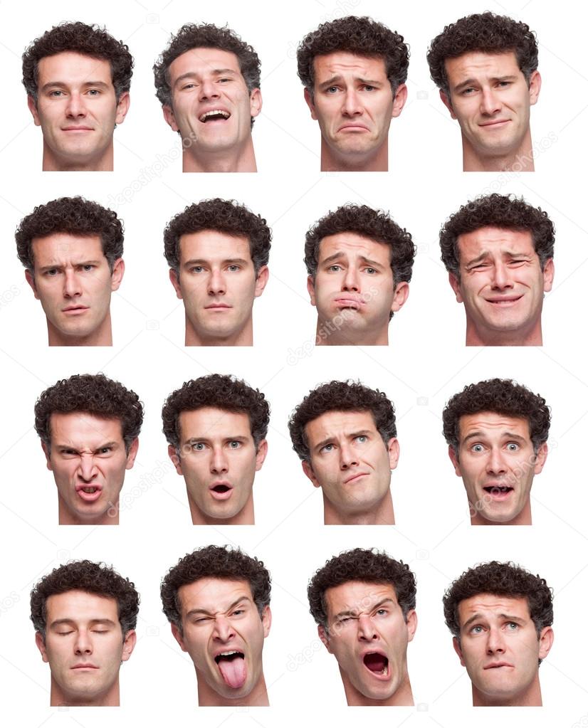 curly brunette adult caucasian man collection set of face expression like happy, sad, angry, surprise, yawn isolated on white