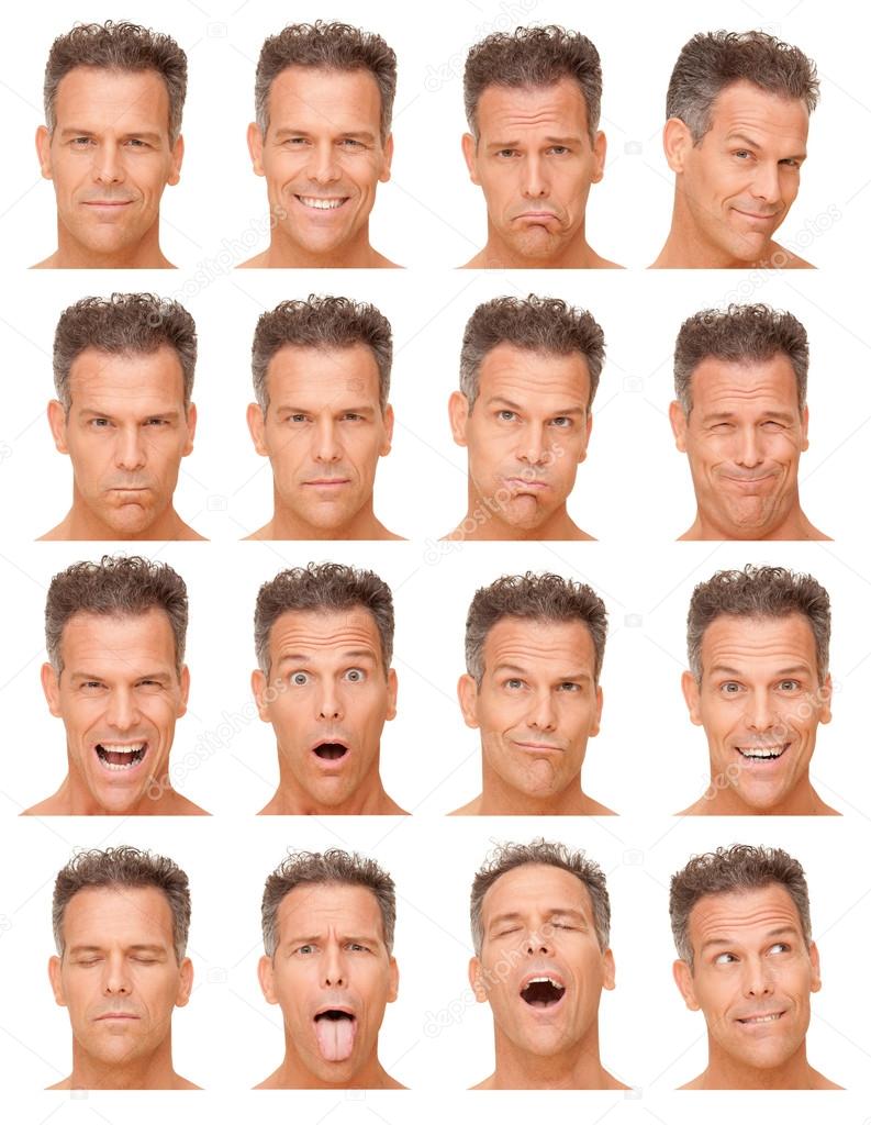 gray short hair adult caucasian man collection set of face expression like happy, sad, angry, surprise, yawn isolated on white
