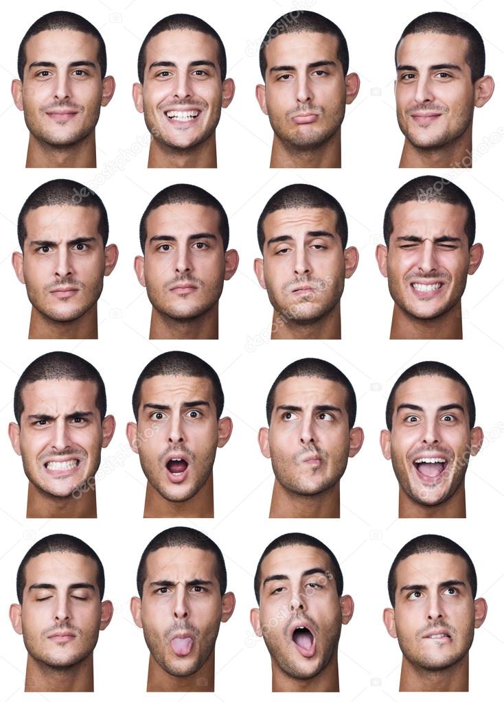 short hair tanned caucasian man collection set of face