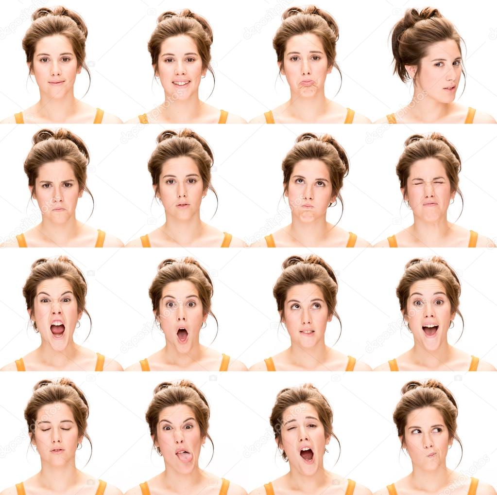long hair brunette young caucasian woman collection set of face expression like happy, sad, angry, surprise, yawn isolated on white