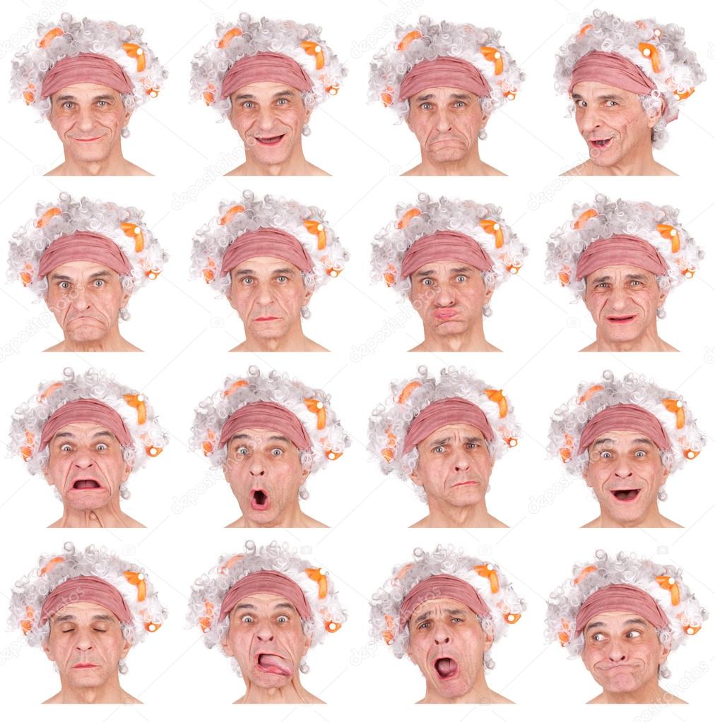 curly white hair senior caucasian woman collection set of face expression like happy, sad, angry, surprise, yawn isolated on white