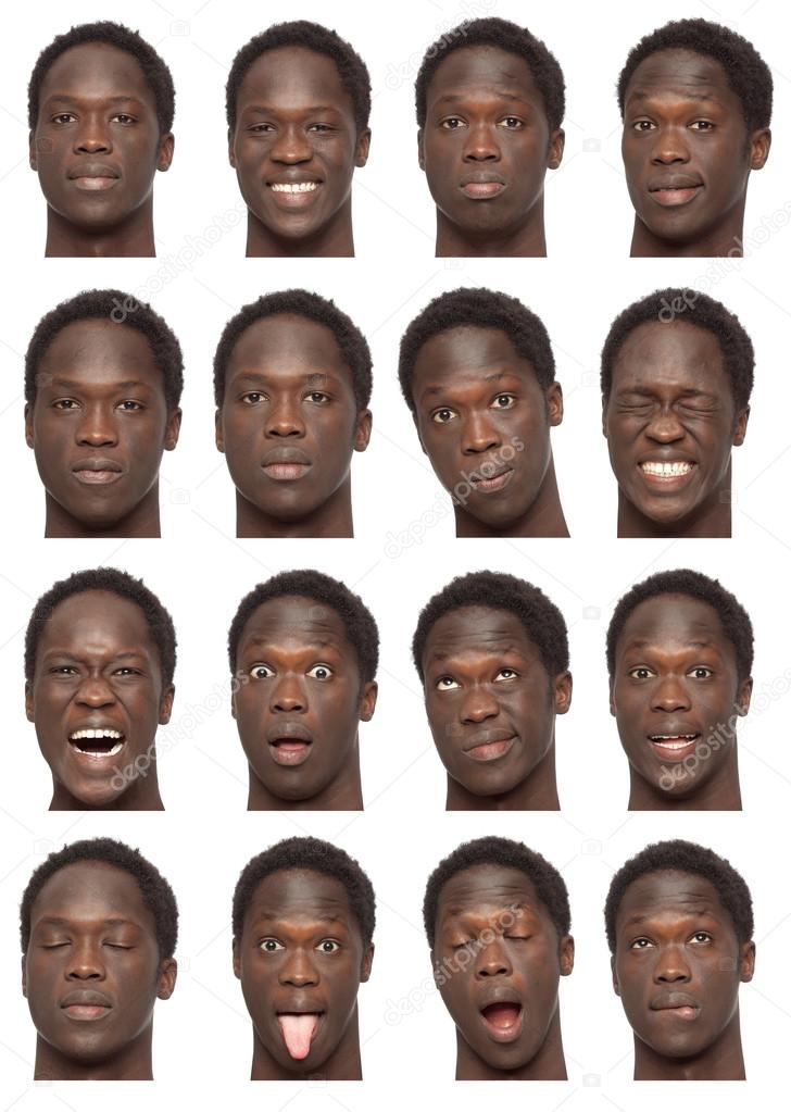 black brunette short curly hair young african man collection set of face expression like happy, sad, angry, surprise, yawn isolated on white