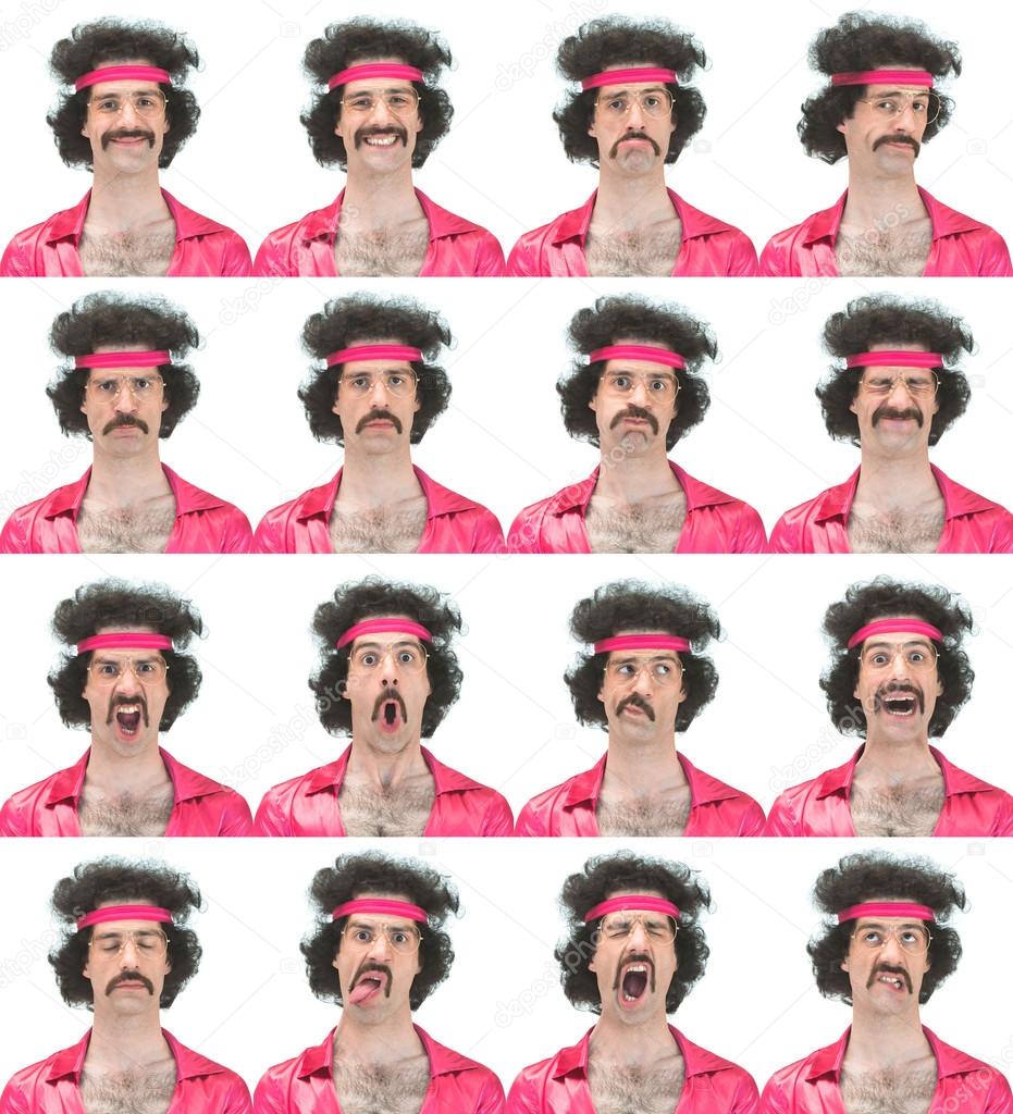 curly long hair and mustache vintage 70s caucasian dancer man collection set of face expression like happy, sad, angry, surprise, yawn isolated on white